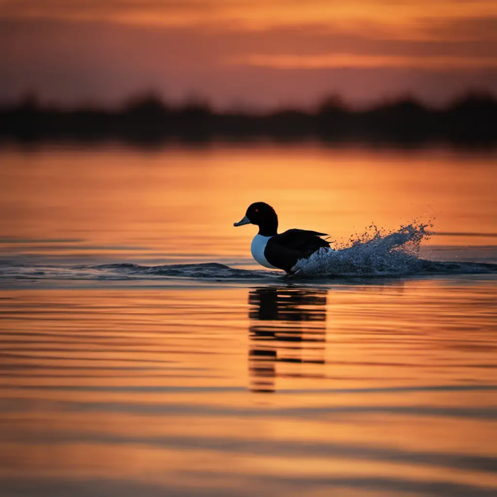 An image capturing the serene beauty of a White-winged Scoter gliding gracefully across a tranquil Florida lake at sunset