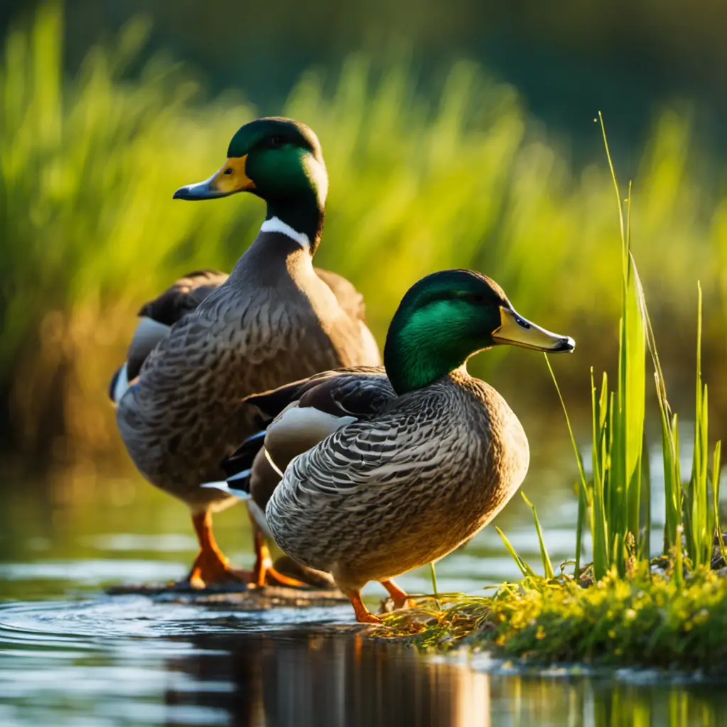  the vibrant essence of Mallard ducks in Florida as they bask in the golden rays of sunlight, their emerald green heads glistening and chestnut-brown bodies reflecting in the serene, turquoise waters of a lush wetland