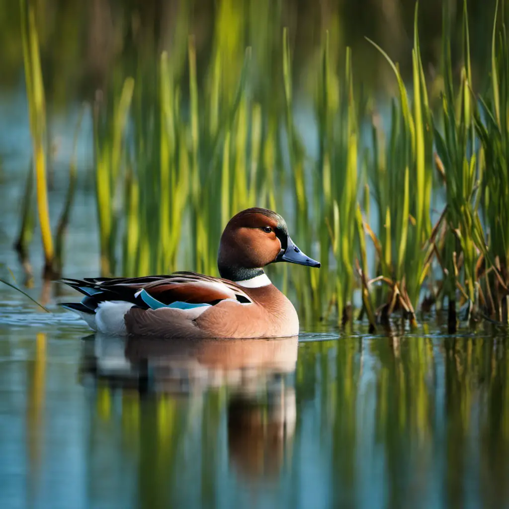 An image capturing the vibrant wetlands of Florida, showcasing a majestic Eurasian Wigeon gliding gracefully amidst the lush green sawgrass, its striking chestnut head and cream-colored crown standing out against the tranquil blue water