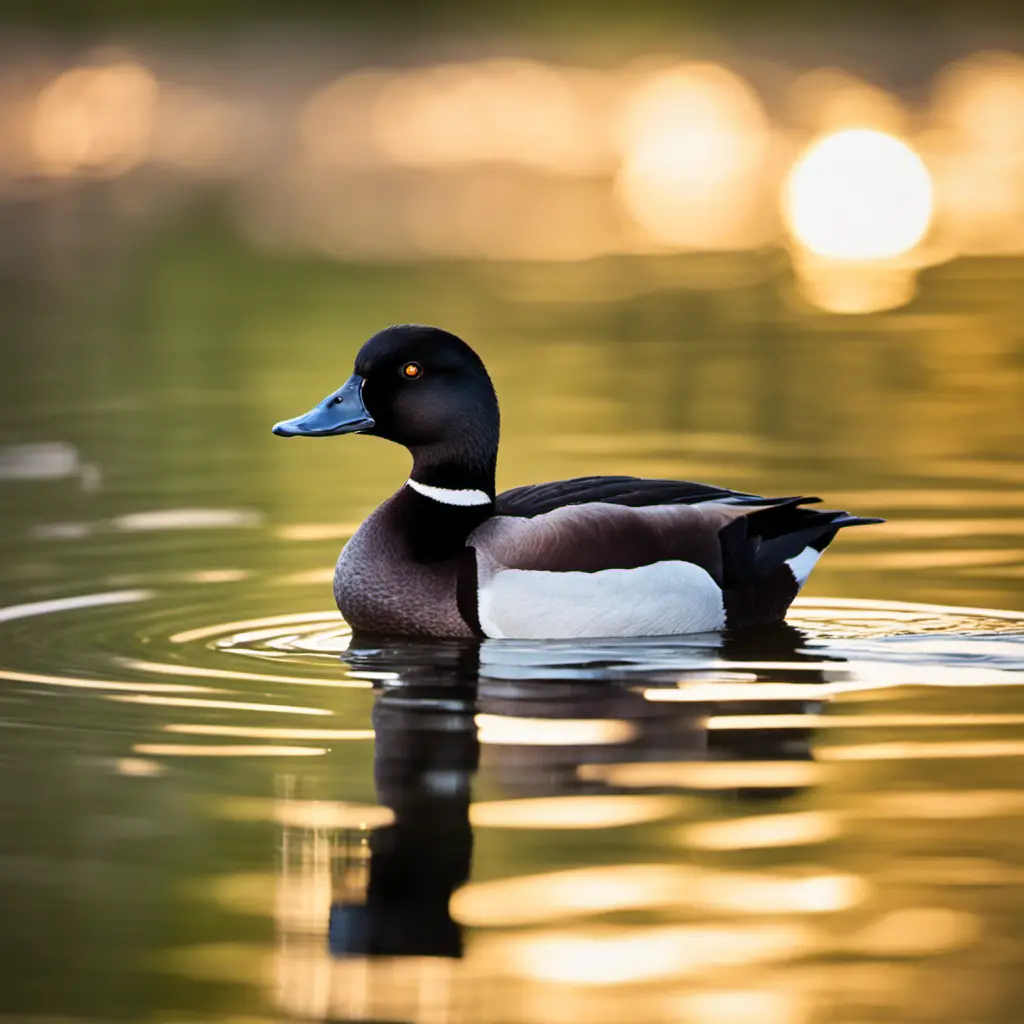 An image capturing the serene beauty of a Ring-necked Duck gliding gracefully on a shimmering lake in Florida, surrounded by lush aquatic vegetation and reflecting the vibrant hues of the setting sun