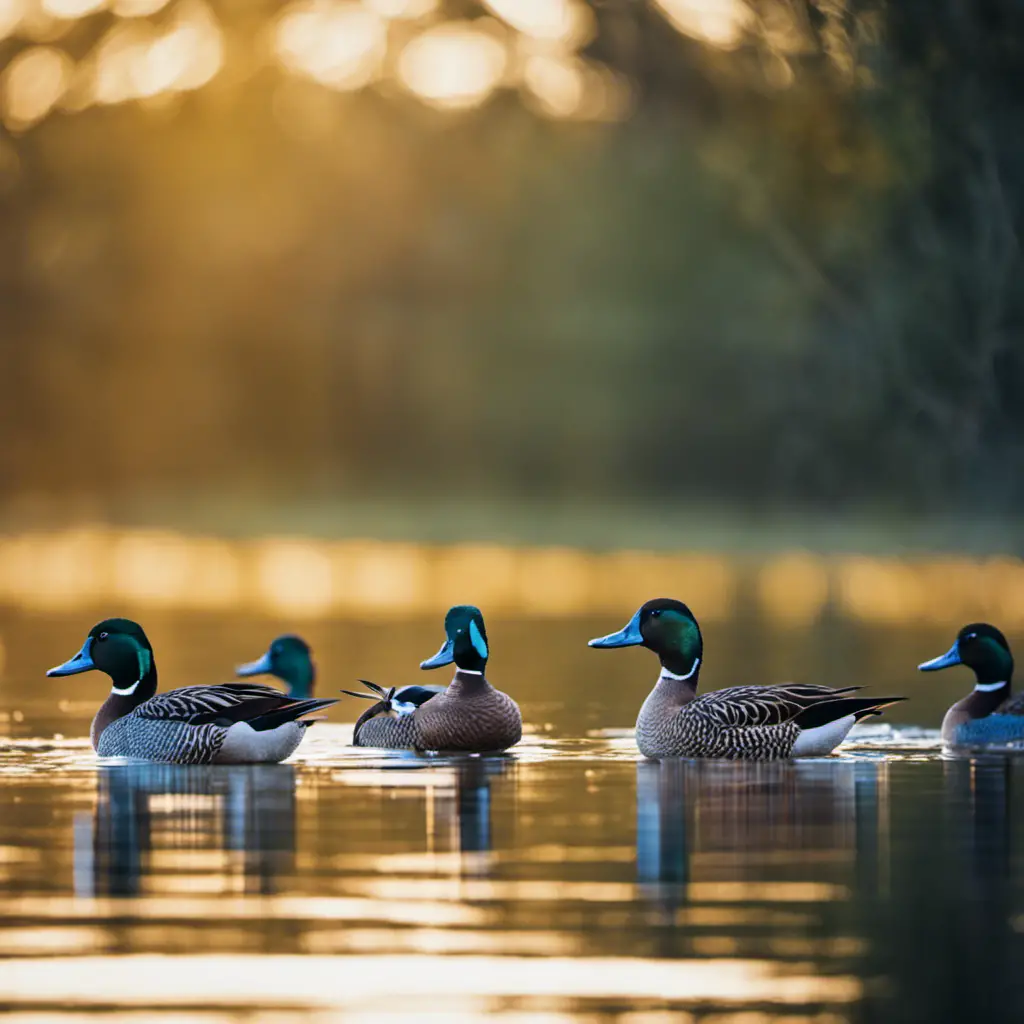 An image capturing the vibrant scene of a serene Florida wetland, featuring a flock of Blue-winged Teal ducks gracefully gliding across the sparkling water, their striking blue wing patches shining in the sunlight