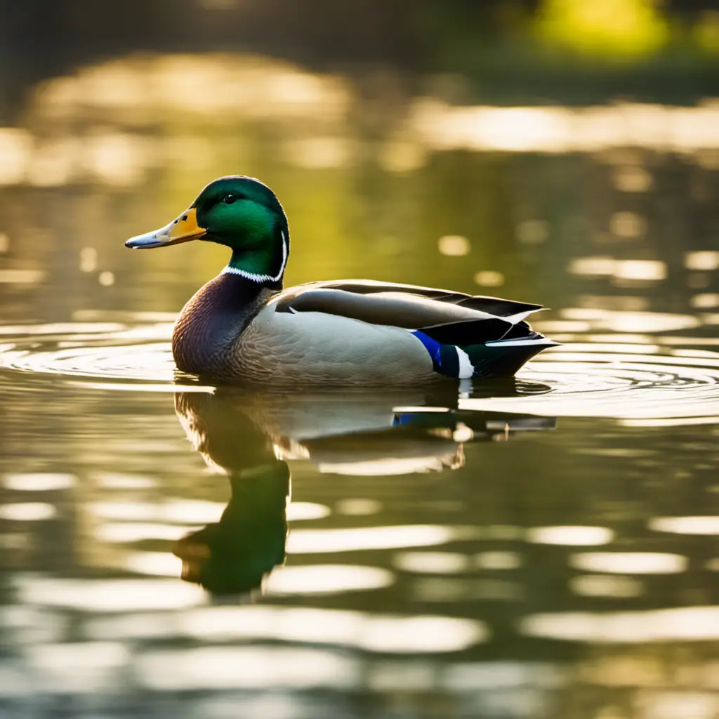An image capturing the serene beauty of a Mallard duck gliding gracefully across a tranquil pond in Pennsylvania, its vibrant emerald green head and iridescent blue wings shimmering under the golden rays of the sun