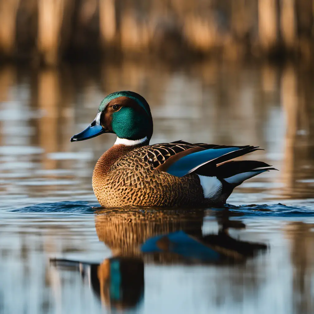 An image capturing the serene beauty of Blue-winged Teal ducks gliding gracefully on the calm waters of Pennsylvania's wetlands