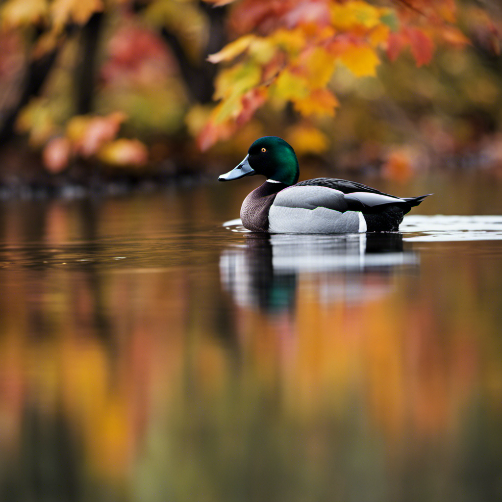 An image capturing the serene beauty of Pennsylvania's waterways, featuring a flock of Greater Scaup ducks gracefully gliding across the glistening surface, their striking black and white plumage contrasting against the vibrant autumnal foliage