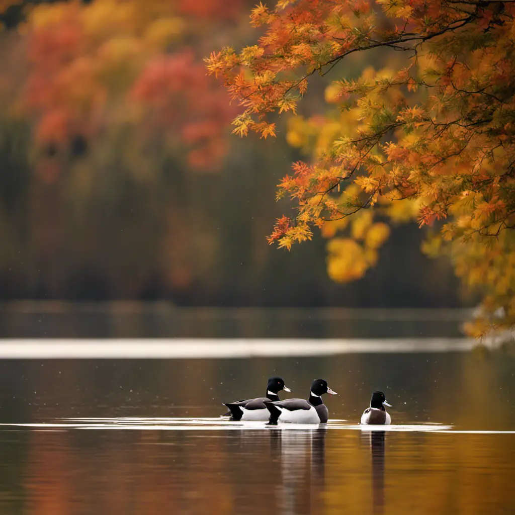 An image showcasing the serene beauty of a Pennsylvania wetland, with a pair of Ring-necked Ducks gracefully gliding on the calm water, their striking black and white plumage contrasting against the vibrant autumn foliage