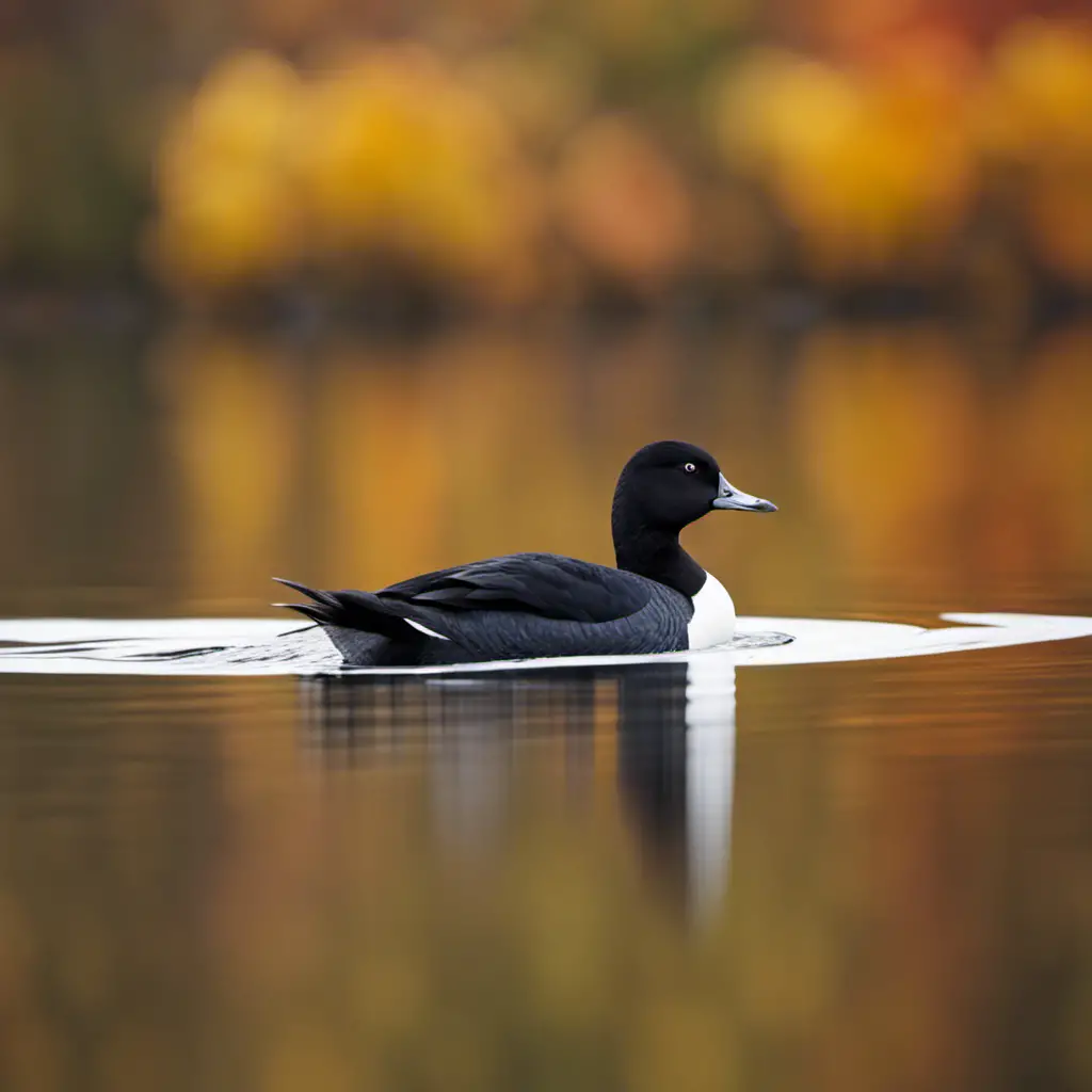 An image capturing the serene beauty of a Surf Scoter gliding gracefully across the tranquil waters of a Pennsylvania lake, its striking black and white plumage contrasting against the shimmering reflections of autumn foliage