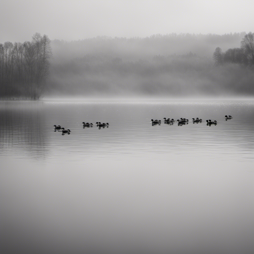 An image capturing the serene beauty of a flock of Lesser Scaup gliding across a misty lake in Pennsylvania