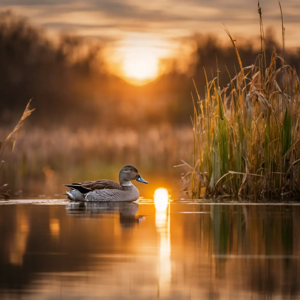 E the tranquil beauty of Pennsylvania's wetlands with a mesmerizing image of Gadwall ducks gracefully gliding through a serene marsh, their iridescent plumage shimmering under the golden rays of the setting sun