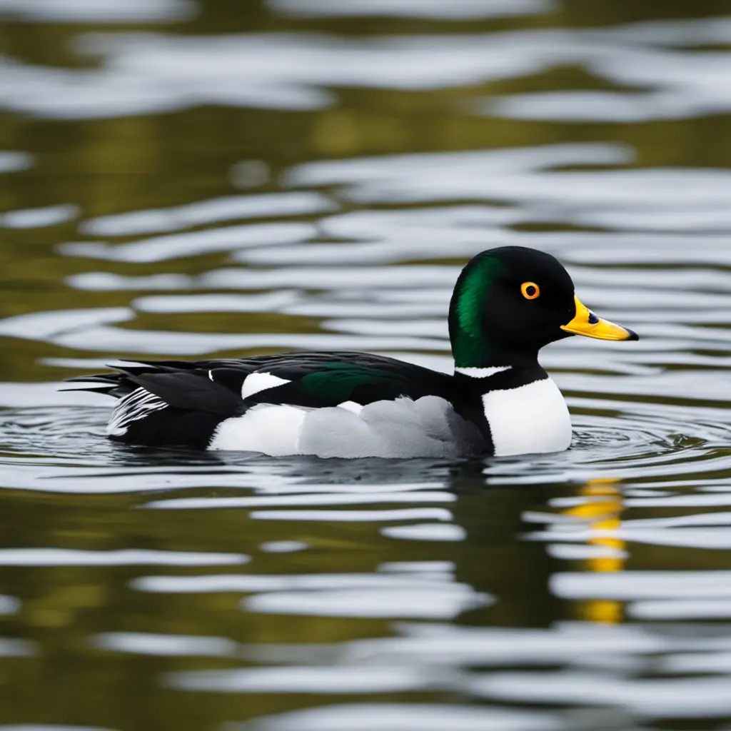 An image capturing the serene beauty of a male Common Goldeneye gracefully swimming on a tranquil lake in Pennsylvania