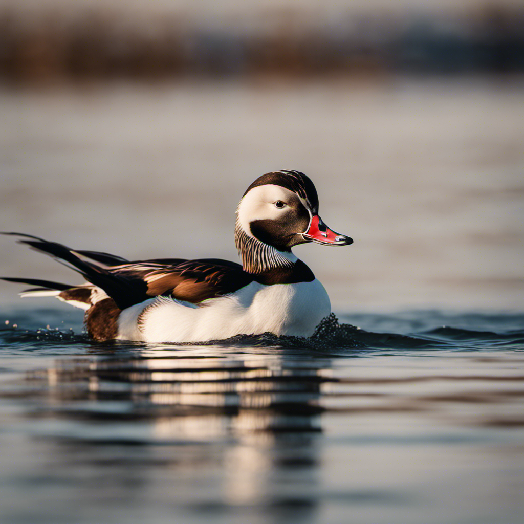 An image capturing the ethereal beauty of a Long-tailed Duck gliding gracefully on the calm waters of a Pennsylvania lake