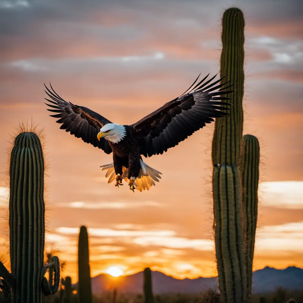 An image capturing the majestic presence of a Bald Eagle perched on a towering saguaro cactus, against the backdrop of a blazing Arizona sunset, with its piercing eyes fixed upon its surroundings
