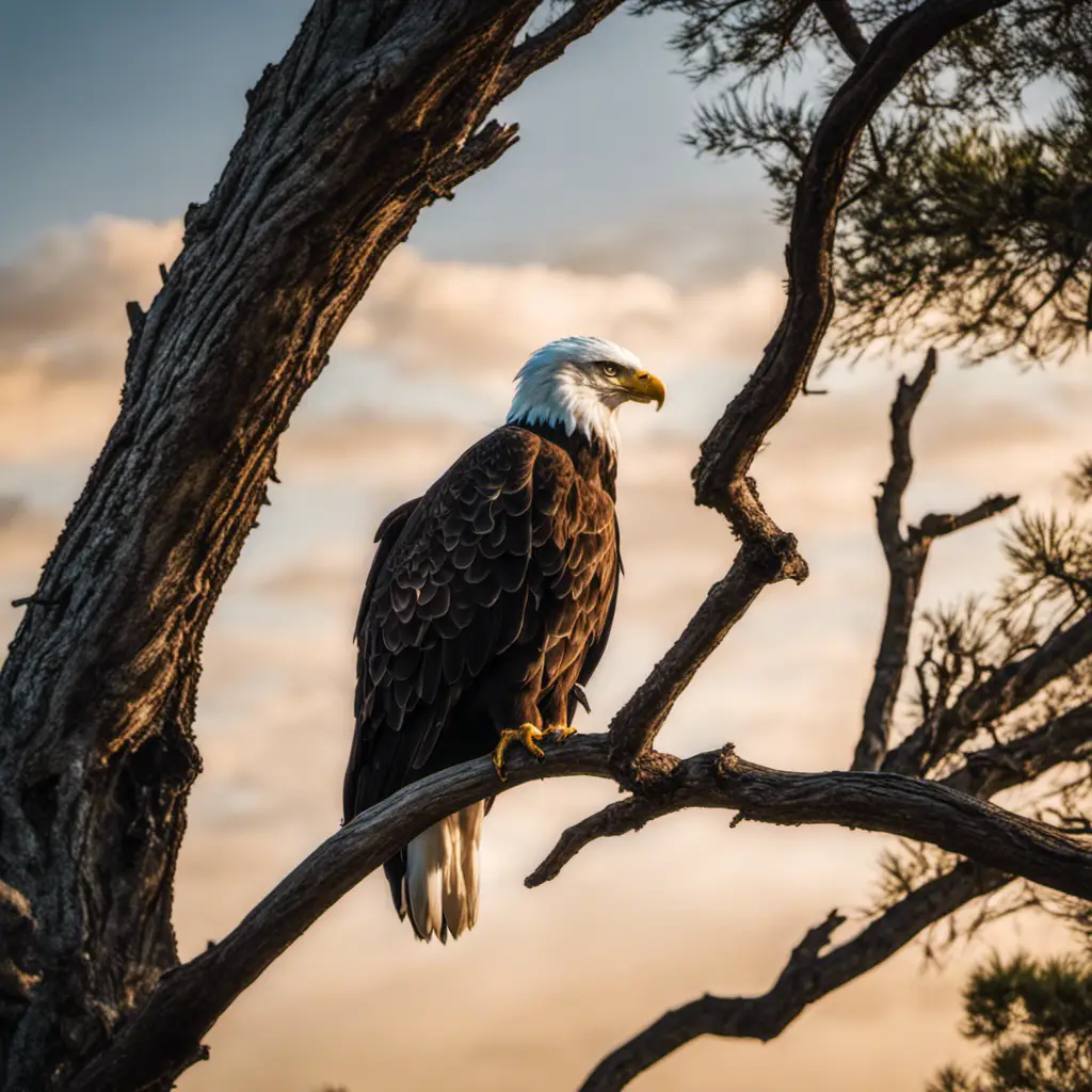 An image capturing the majestic presence of a Bald Eagle in Texas, showcasing its distinctive white head and tail feathers, powerful hooked beak, and piercing eyes, perched on a branch against a backdrop of scenic Texan landscapes