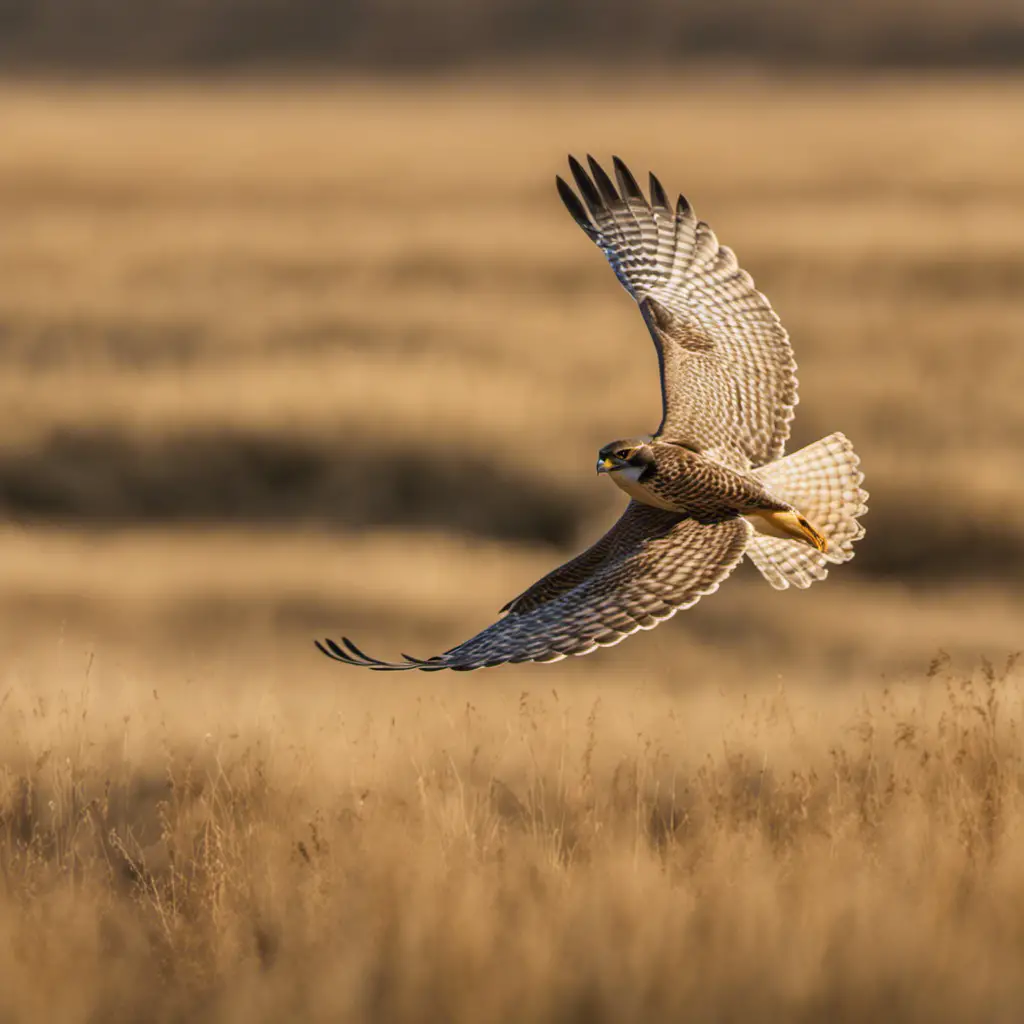 An image showcasing the breathtaking agility of the Prairie Falcon, soaring above California's golden grasslands
