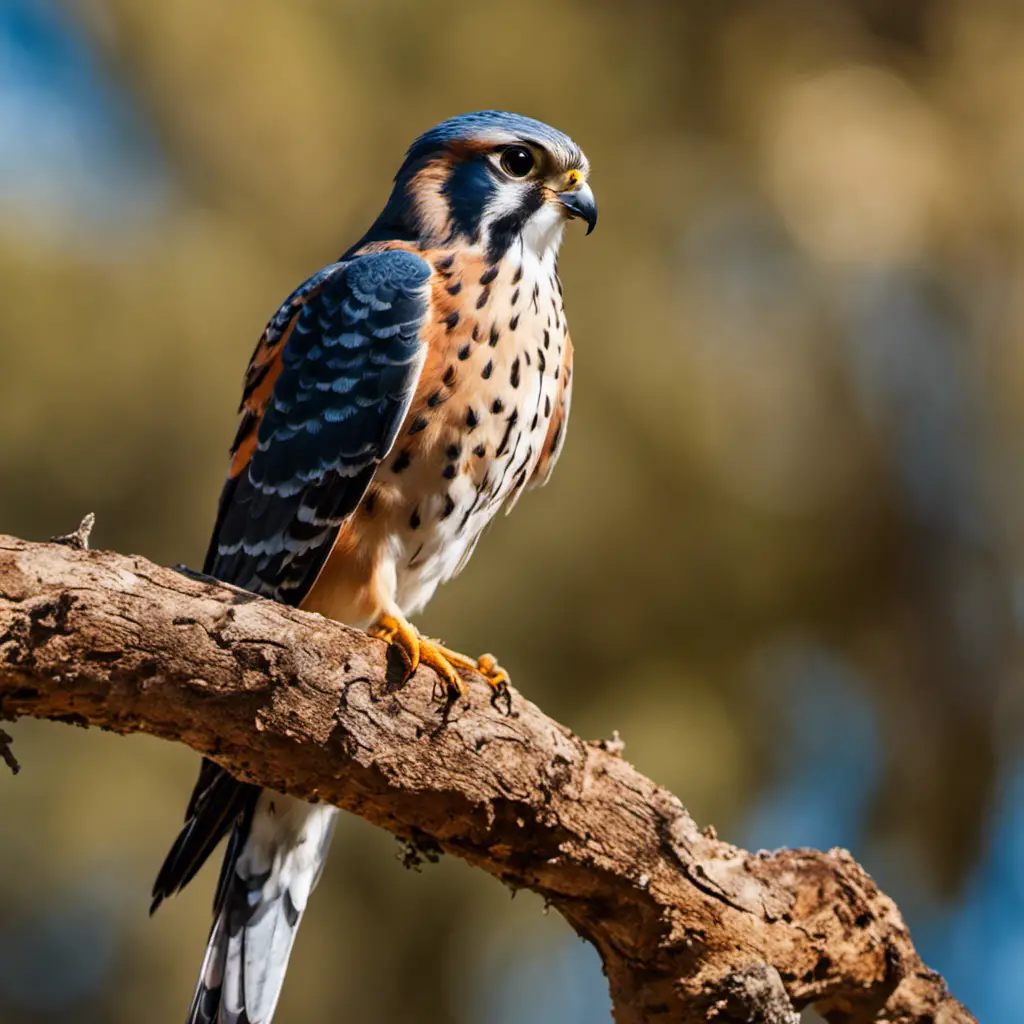 An image showcasing the vibrant profile of an American Kestrel perched on a gnarled branch in the golden California sunshine, its striking plumage resplendent with earthy browns, fiery oranges, and regal blues