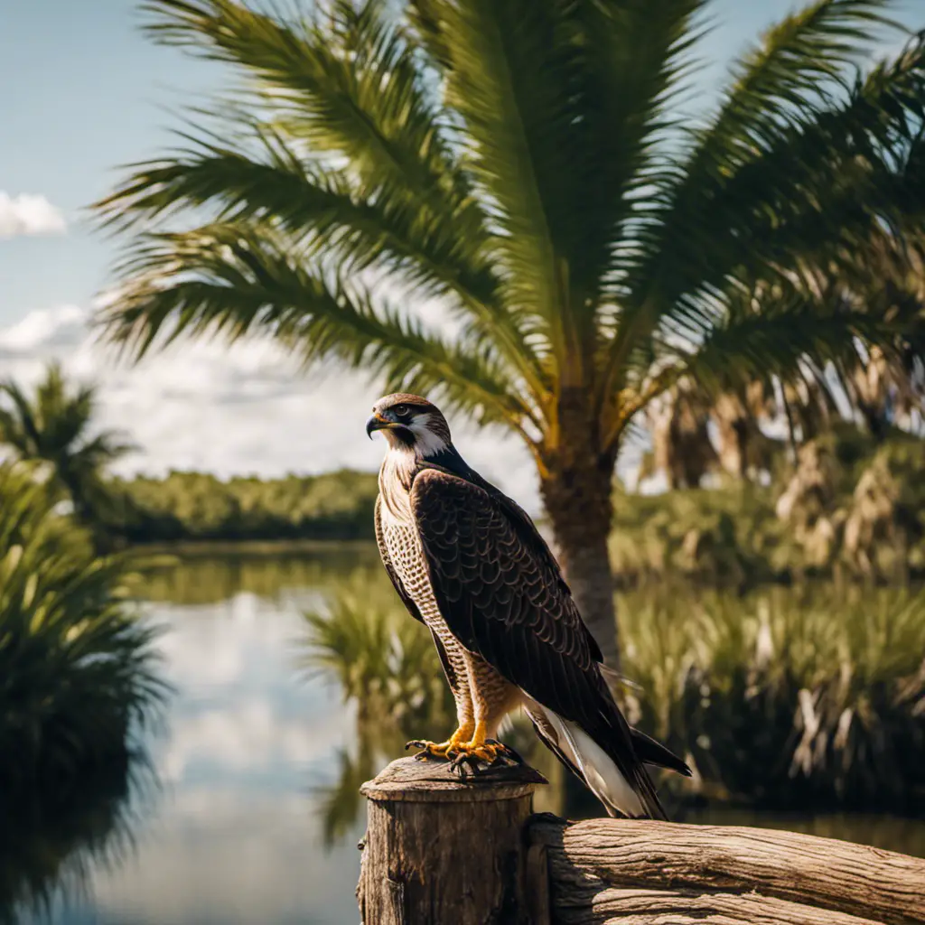 An image showcasing a majestic falcon perched atop a towering palm tree, its vibrant feathers gleaming under the Florida sun