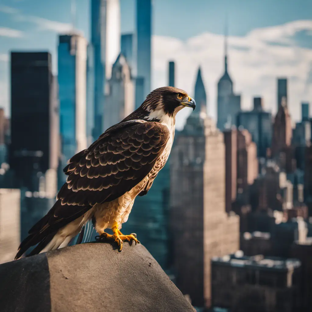 An image capturing the vibrant skyline of New York City, with a majestic falcon soaring gracefully against the backdrop of towering skyscrapers, symbolizing the harmonious coexistence of nature and urban life