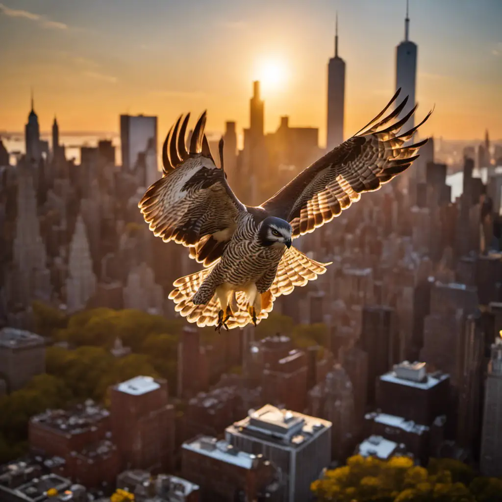 An image capturing the majestic Goshawk in flight above the iconic New York City skyline, with the sun setting behind the skyscrapers, casting a warm golden glow on the bird's feathers