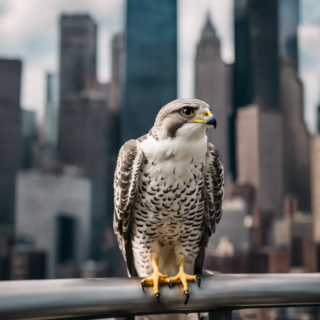 An image showcasing the majestic Gyrfalcon soaring above the New York City skyline, its wings outstretched against the backdrop of towering skyscrapers, capturing the spirit of these magnificent birds in the urban jungle
