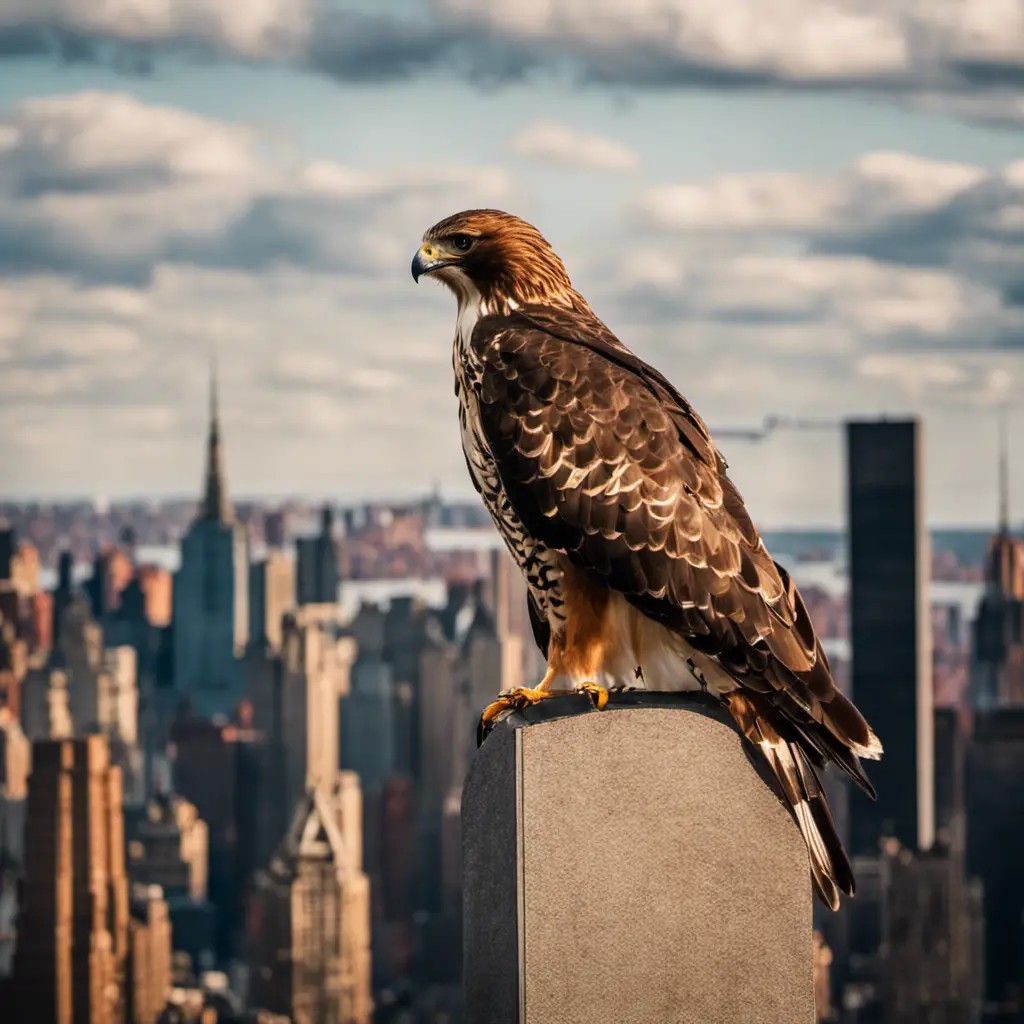 An image showcasing the majestic Red-tailed hawk, perched on the edge of a skyscraper in the bustling streets of New York City