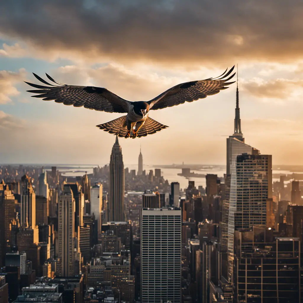 An image capturing the graceful silhouette of a Peregrine falcon soaring against the backdrop of New York City's iconic skyline, with its distinctive markings and powerful wingspan on full display