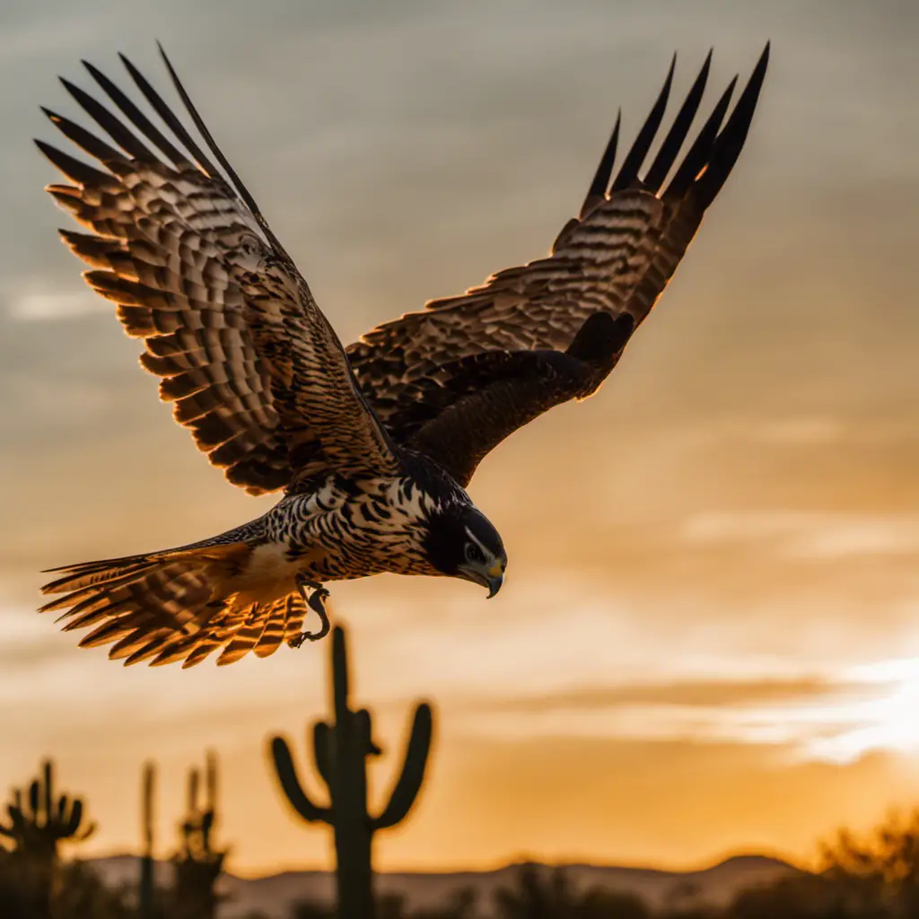 the raw beauty of a falcon in flight against a vivid Texan sunset, its majestic wings spread wide, feathers shimmering in the golden hues, as it soars above the rugged landscape dotted with cacti and mesquite trees