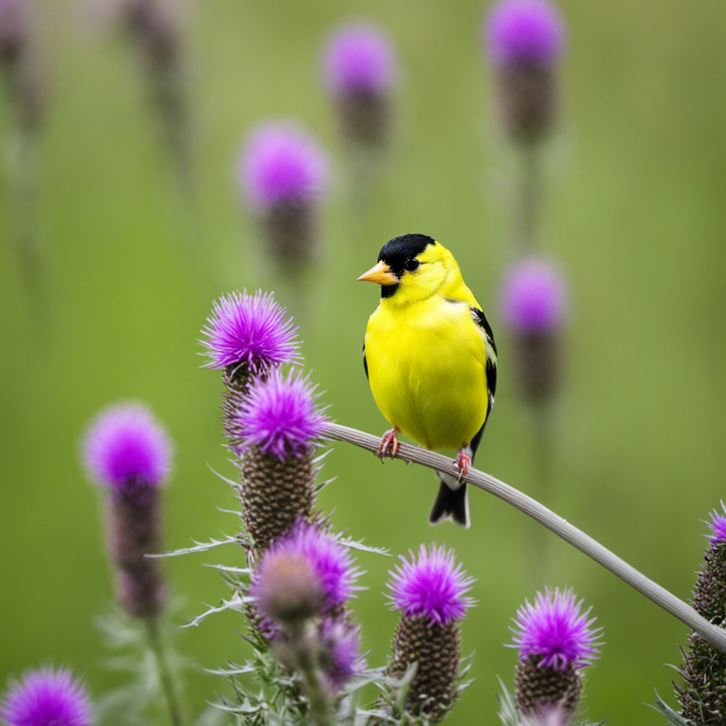 An image showcasing the vibrant hues of the American Goldfinch, perched gracefully on a swaying thistle, its lemon-yellow plumage contrasting against the lush green foliage of a Pennsylvania meadow