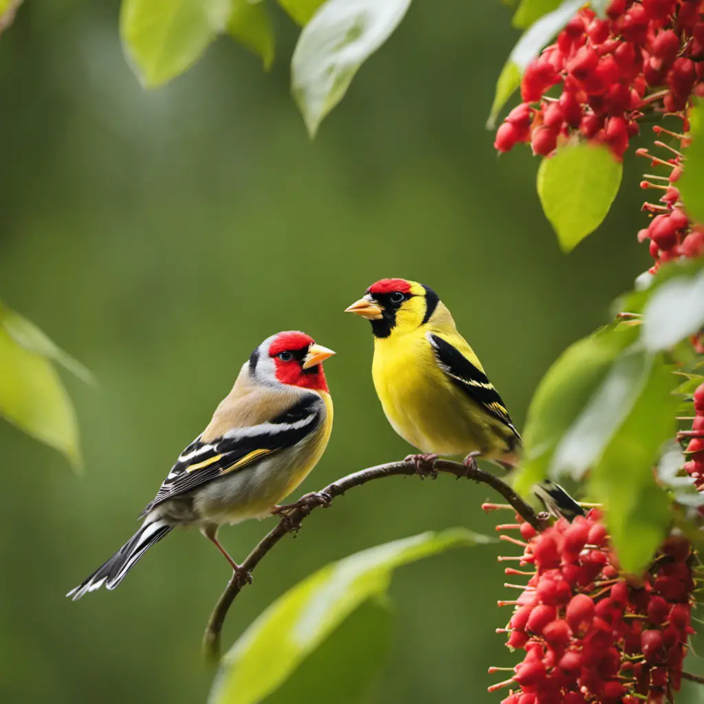 An image capturing the vibrant tapestry of finches in Pennsylvania, showcasing a diverse array of species, from the vibrant goldfinch with its lemon-colored plumage to the scarlet-hued cardinal, amidst a lush backdrop of forest foliage