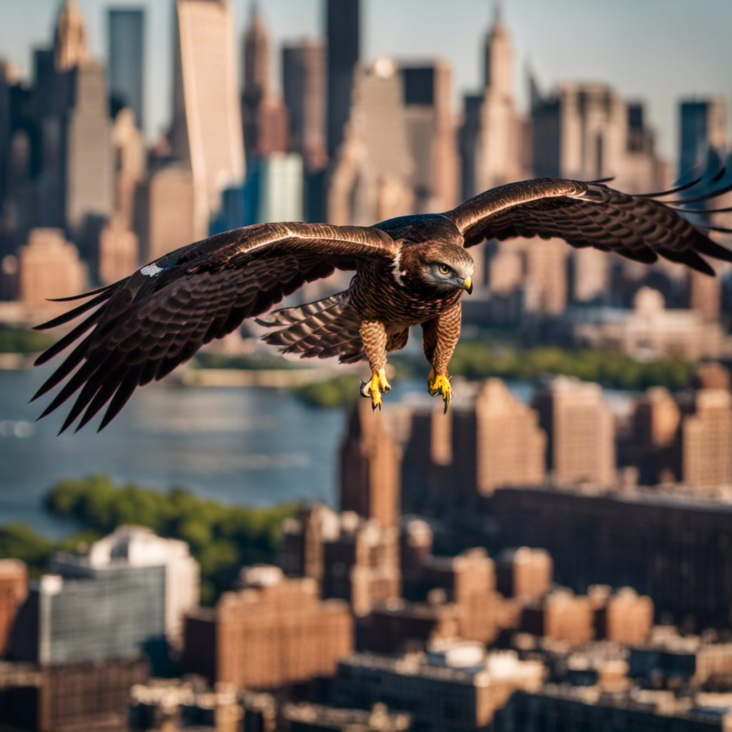 An image capturing the awe-inspiring moment of a Zone-tailed Hawk soaring gracefully against the backdrop of New York City's iconic skyline, showcasing the perfect blend of urban and wild beauty