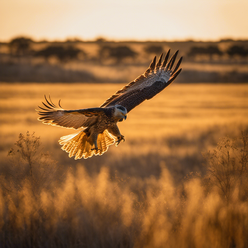 An image capturing the vibrant essence of Texas as a majestic hawk soars gracefully amidst the golden hues of a vast, sun-drenched prairie, its feathers glinting in the radiant sunlight, embodying the untamed spirit of the Lone Star State