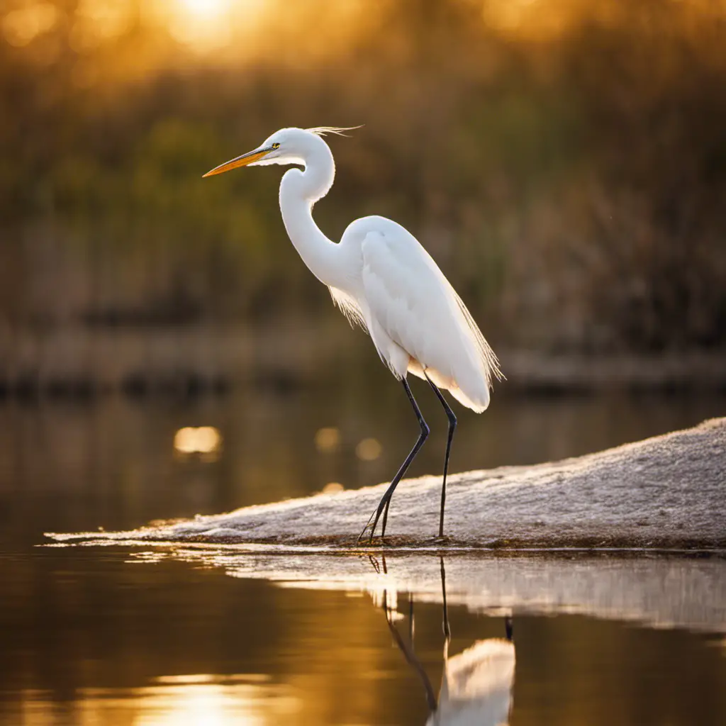 An image capturing the serene beauty of a Great Egret in Arizona's wetlands, gracefully standing on one leg, its pristine white feathers shimmering in the golden sunlight, as it gazes into the tranquil waters