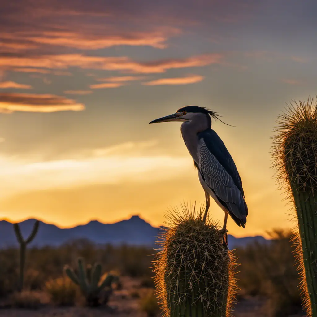 An image capturing the ethereal beauty of a solitary Black-crowned Night-Heron perched on a saguaro cactus against a dramatic desert sunset, its sleek silhouette outlined against the vivid hues of the Arizona sky