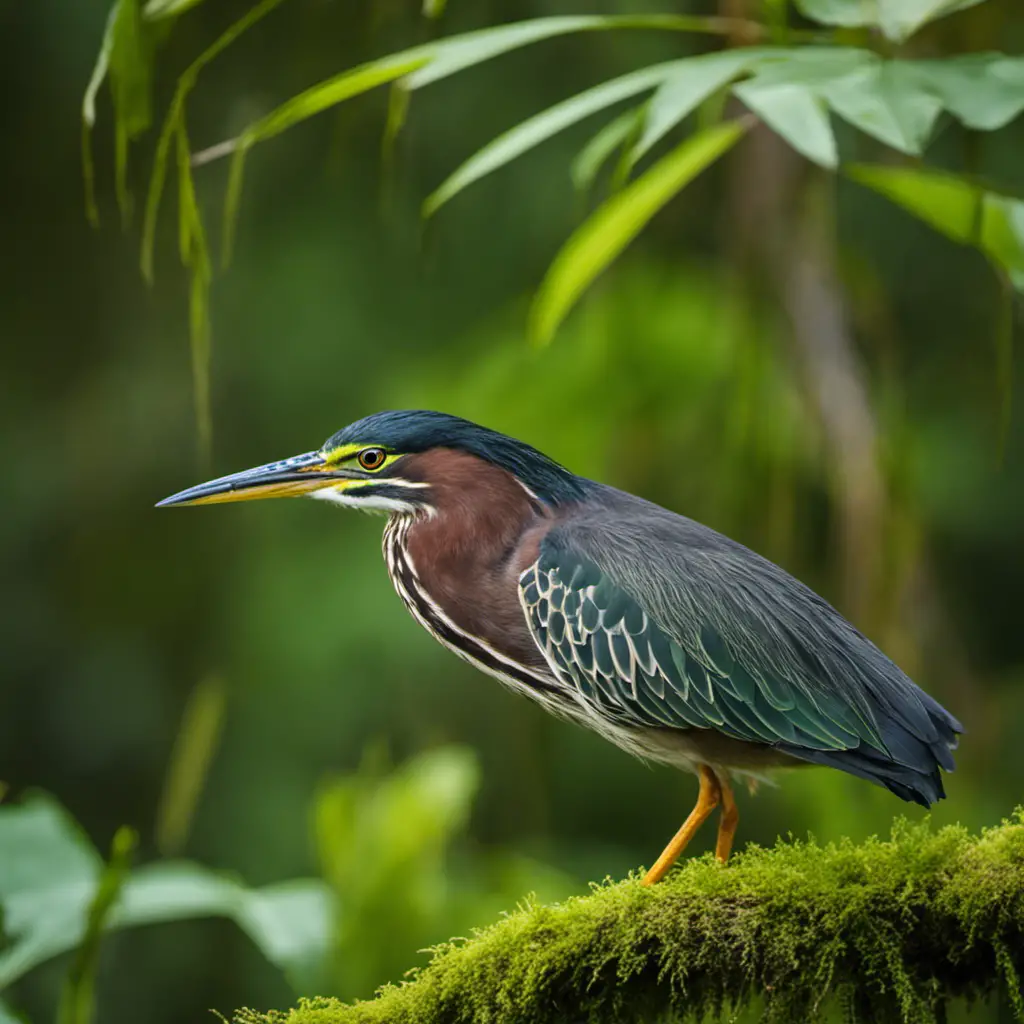 An image capturing the enchanting beauty of a solitary Green Heron perched on a moss-covered branch, its emerald plumage shimmering under the Florida sun, while lush vegetation and serene water serve as a picturesque backdrop