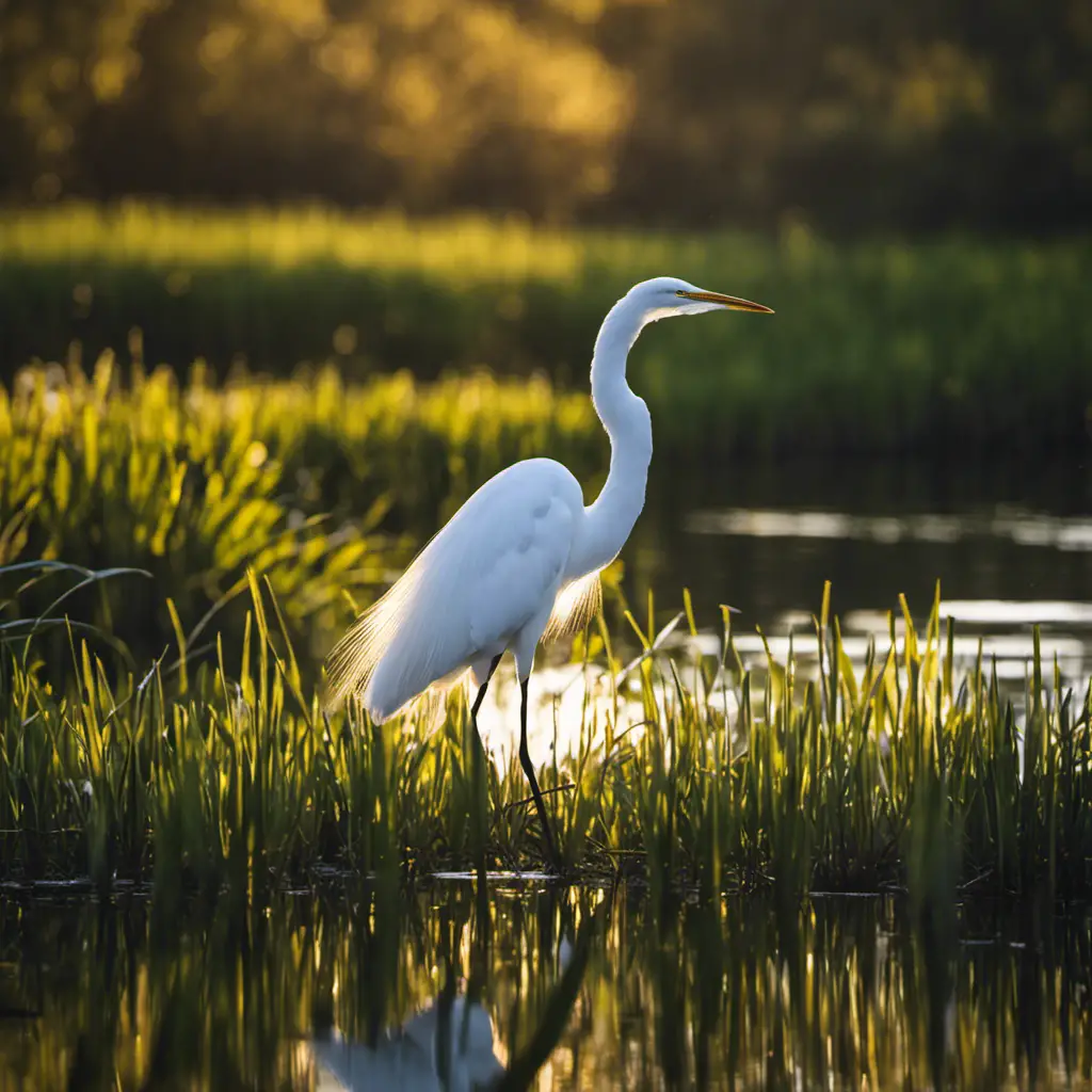 An image capturing the elegant silhouette of a Great Egret, standing tall amidst a lush wetland in Florida