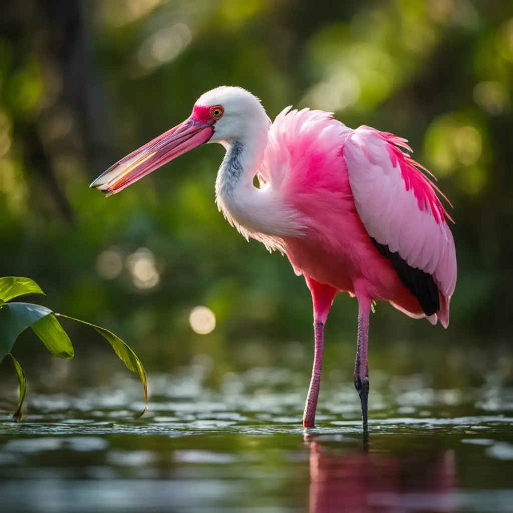 An image capturing the vibrant scene of a Roseate Spoonbill delicately wading through the shallow waters of a Florida marshland, its breathtaking pink plumage contrasting against the verdant backdrop of lush foliage and sparkling sunlight
