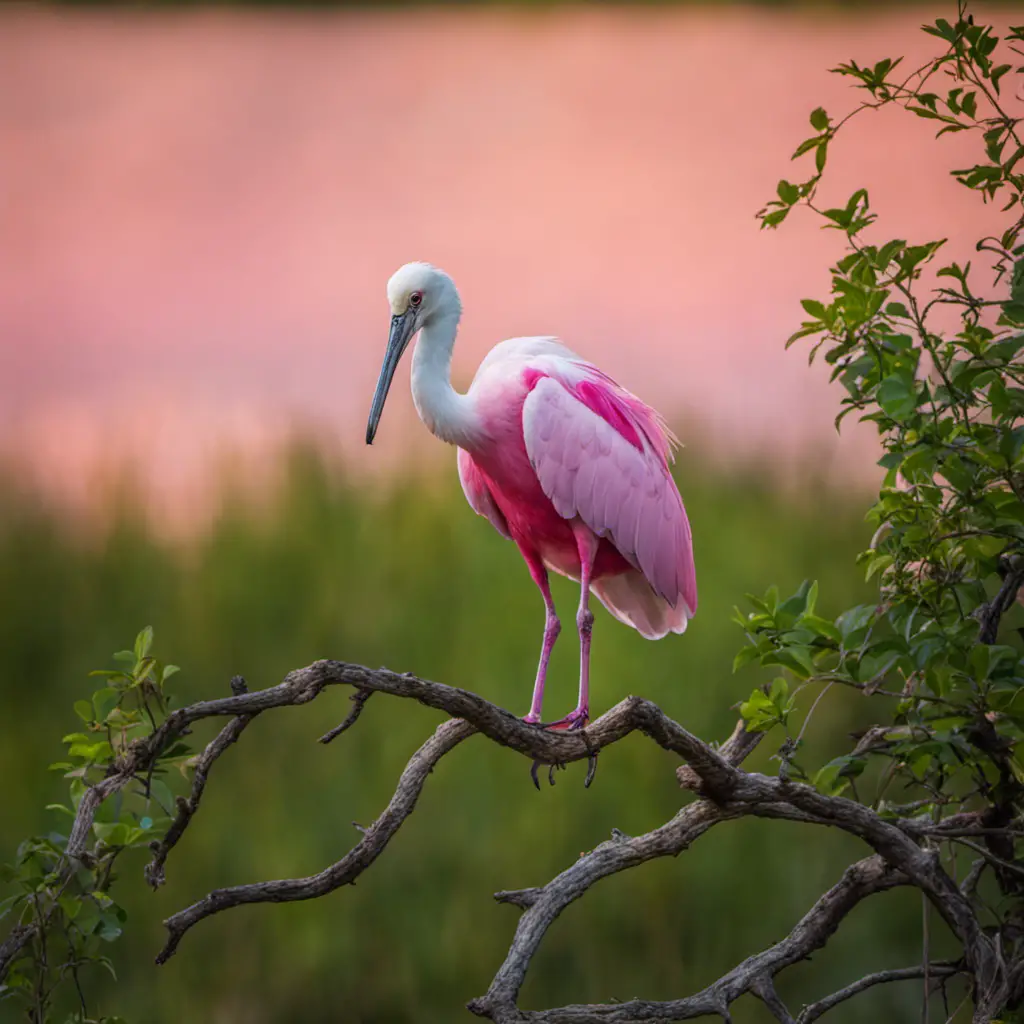 An enchanting image capturing the vibrant scene of a solitary Roseate Spoonbill gracefully perched atop a slender branch, its iridescent pink plumage contrasting against the lush greenery of a Texas wetland