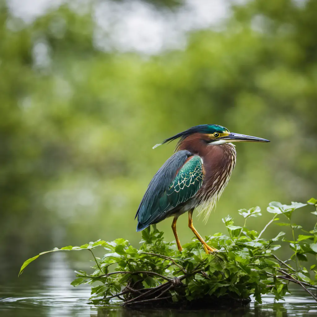 An image capturing the mesmerizing sight of a Green Heron, perched on a submerged branch in a lush Texan wetland