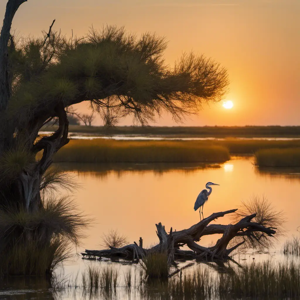 An image capturing the majestic sight of a solitary Great Blue Heron gracefully perched on a cypress tree's gnarled branch, against the backdrop of a tranquil Texas marshland at sunrise