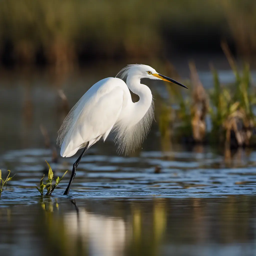  the ethereal beauty of a Snowy Egret in Texas: a delicate, pure white bird adorned with elegant plumes, gracefully wading through the shimmering waters of a tranquil marsh, its slender neck arched in search of a delectable fish