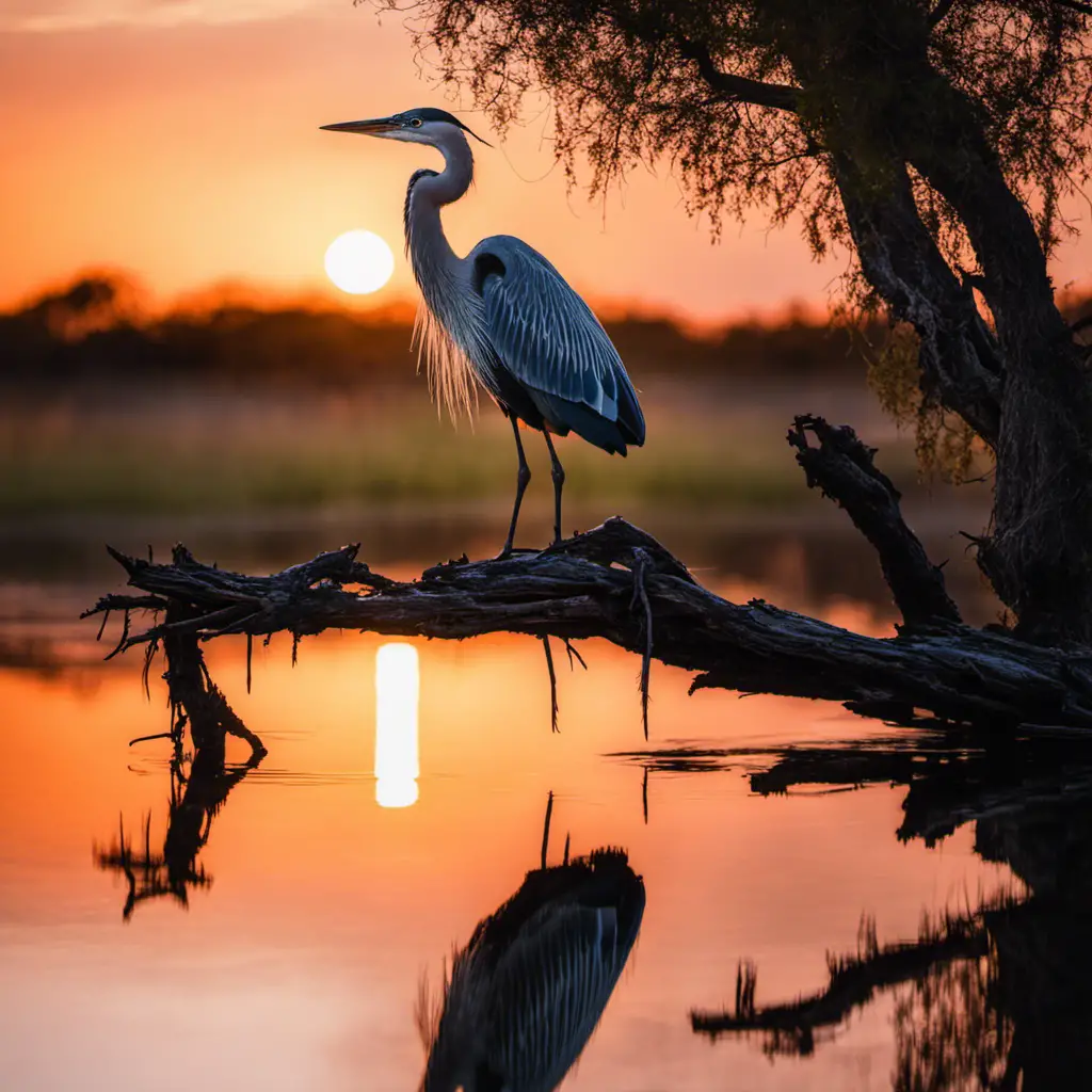 An image capturing the vibrant scene of a solitary heron perched atop a cypress tree, gracefully extending its slender neck to catch a glimmering fish in a tranquil Texan wetland, framed by a fiery sunset backdrop