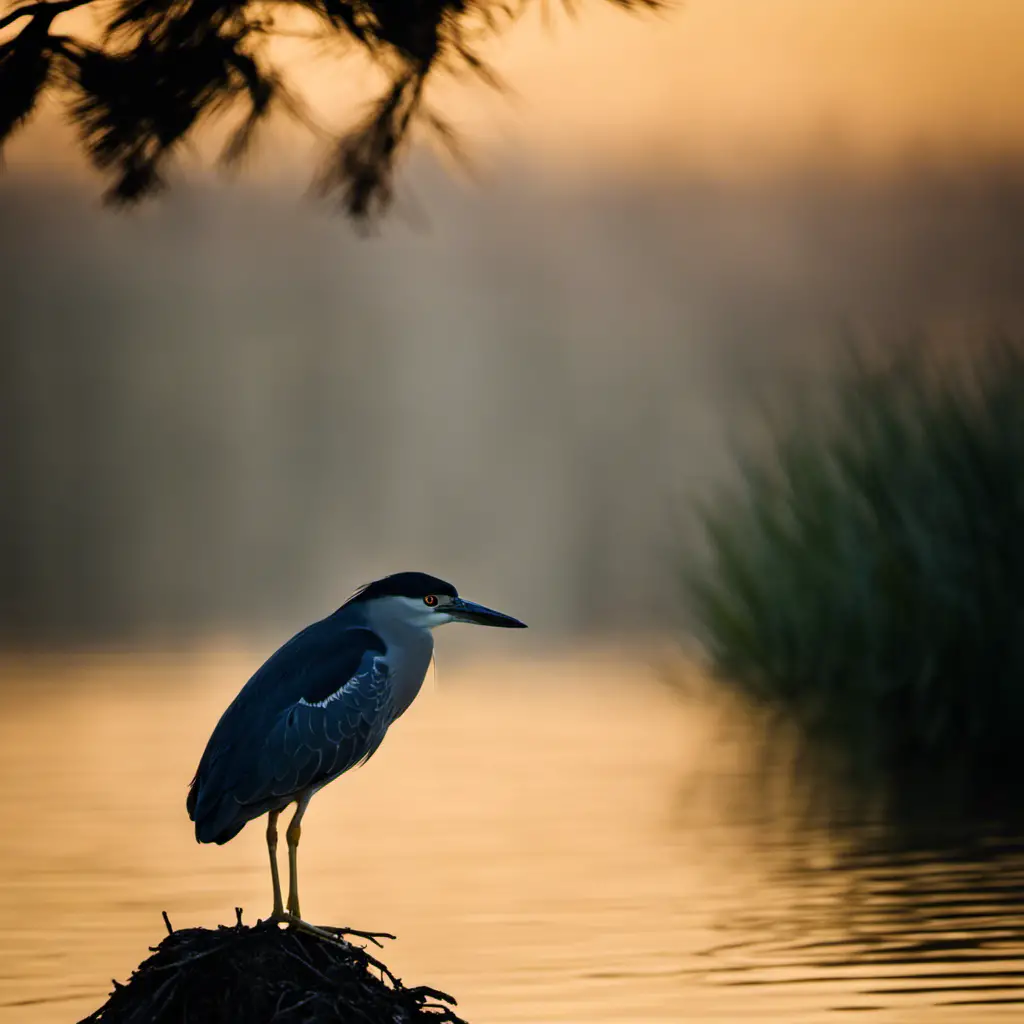 An image capturing the mystical allure of the Black-crowned Night-Heron in California's wetlands: a solitary silhouette perched on a moonlit branch, its plumage elegantly contrasting against the dark, shimmering water