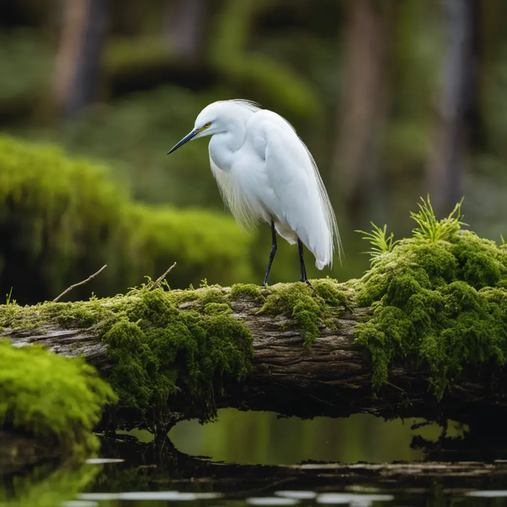  the ethereal beauty of a Snowy Egret gracefully perched on a moss-covered log, its pure white plumage contrasting against the lush greenery of a serene California wetland