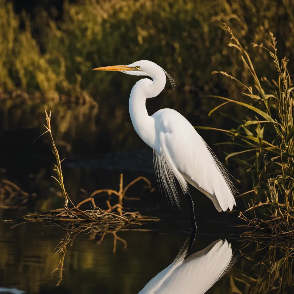 An image that captures the elegance of a Great Egret in California, showcasing its majestic white plumage, slender neck gracefully arched, as it stands motionlessly, reflecting in the calm waters of a picturesque wetland
