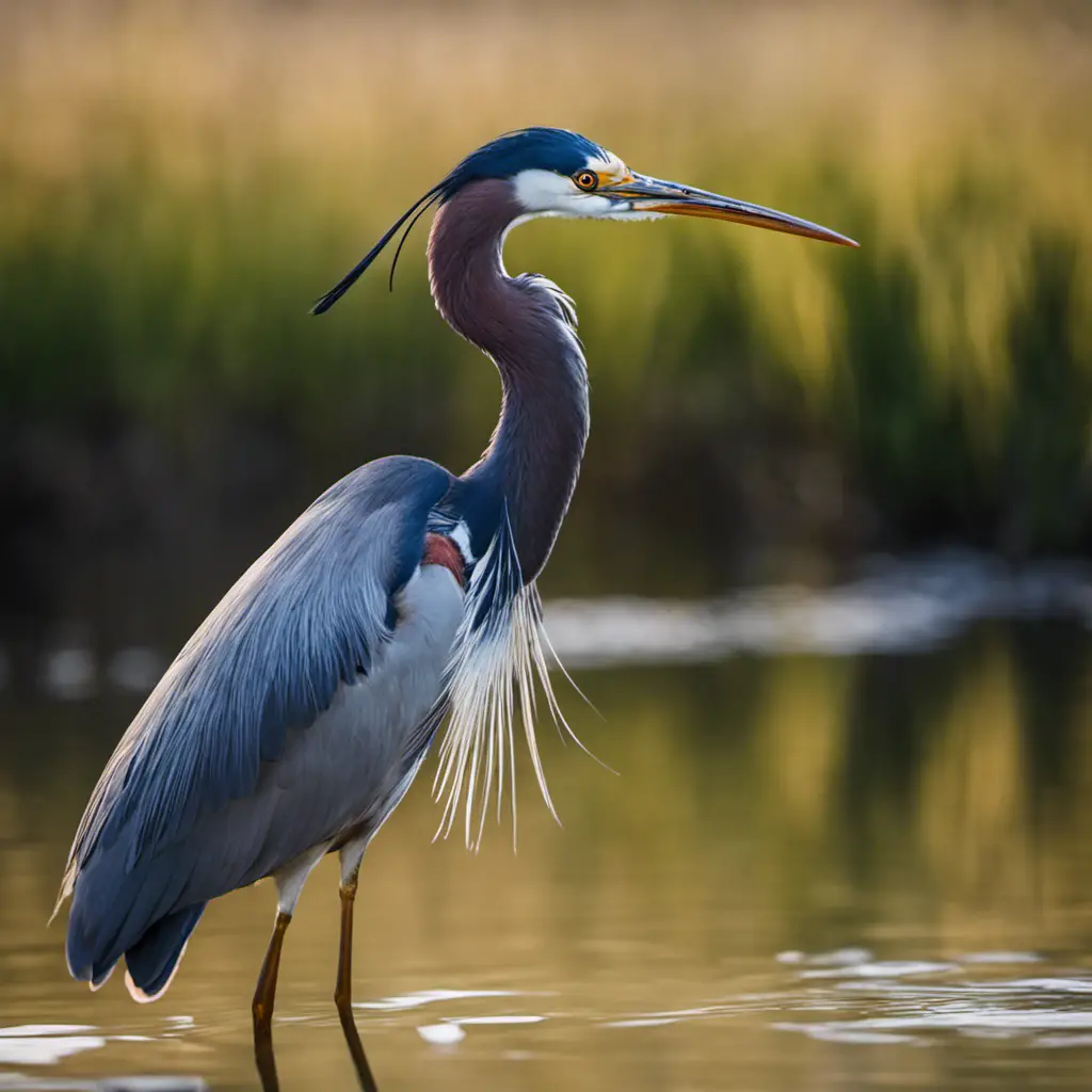 An image capturing a majestic Tricolored Heron in California's serene wetlands, its slender body adorned with blue-gray plumage, a striking white belly, and a rusty-maroon neck, poised gracefully as it hunts for fish