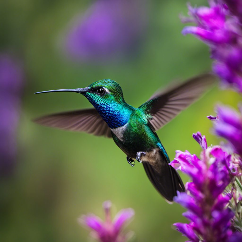 An image capturing the breathtaking beauty of a Blue-Throated Mountain Gem hummingbird in Arizona's vibrant landscape: a dazzling emerald-green body, iridescent purple crown, and a radiant azure throat that gleams like a sapphire jewel