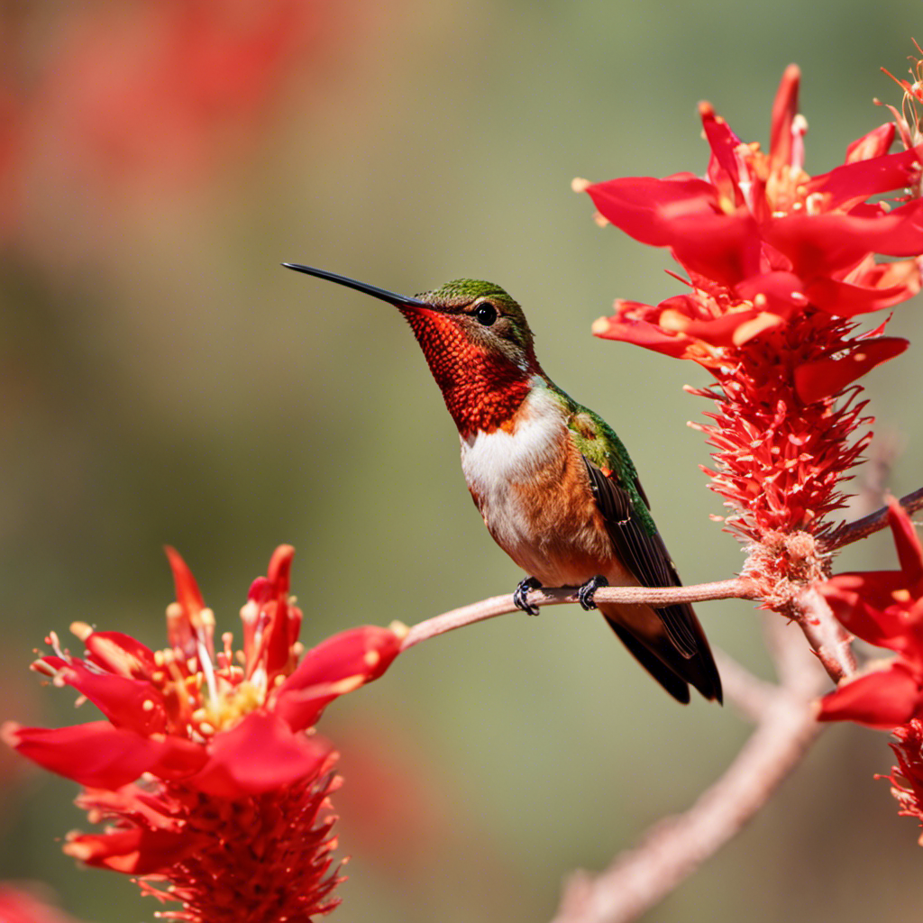 An image showcasing a vibrant Rufous Hummingbird perched on a blooming ocotillo cactus, its coppery feathers gleaming under the Arizona sun, while sipping nectar from vibrant red trumpet-shaped flowers