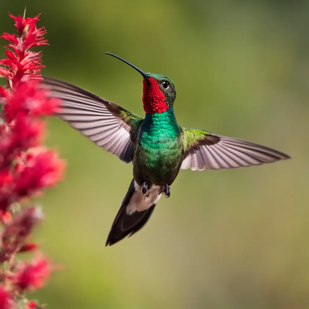 An image capturing the ethereal elegance of a male Broad-Tailed Hummingbird in flight, showcasing its iridescent emerald green plumage, long tail feathers, and vibrant red throat, set against the vivid backdrop of Arizona's desert landscape