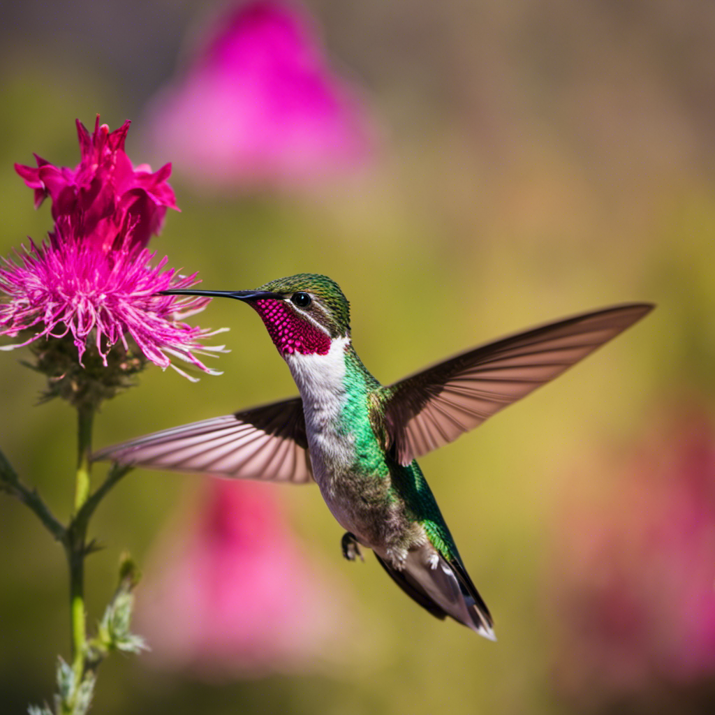 An image capturing the vibrant beauty of a male Calliope Hummingbird in Arizona's sunlit desert, showcasing its iridescent green feathers, magenta throat, and delicate wings mid-flight as it hovers near a vibrant red flower