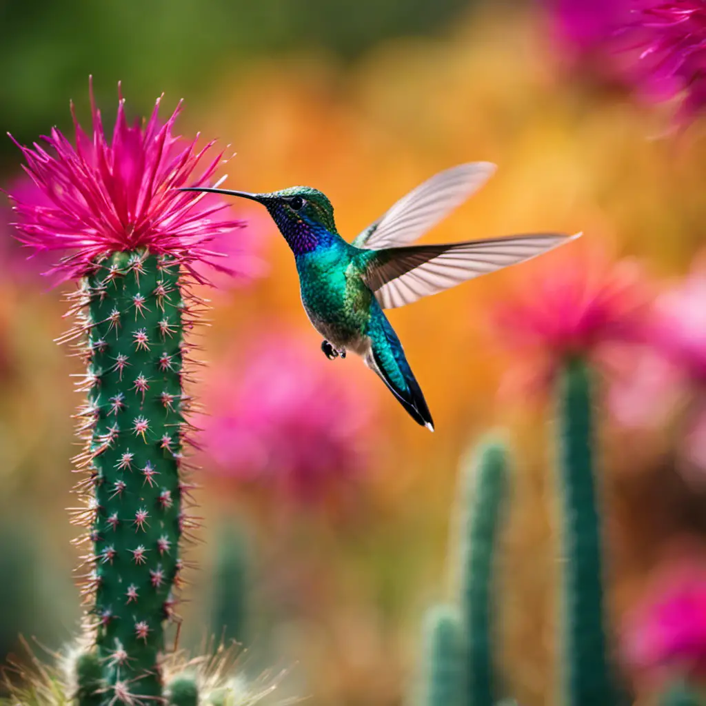 An image capturing the vibrant allure of Arizona's hummingbirds: a dazzling blur of emerald, sapphire, and ruby wings in mid-flight, delicately sipping nectar from brilliant desert blooms, set against a backdrop of majestic saguaro cacti