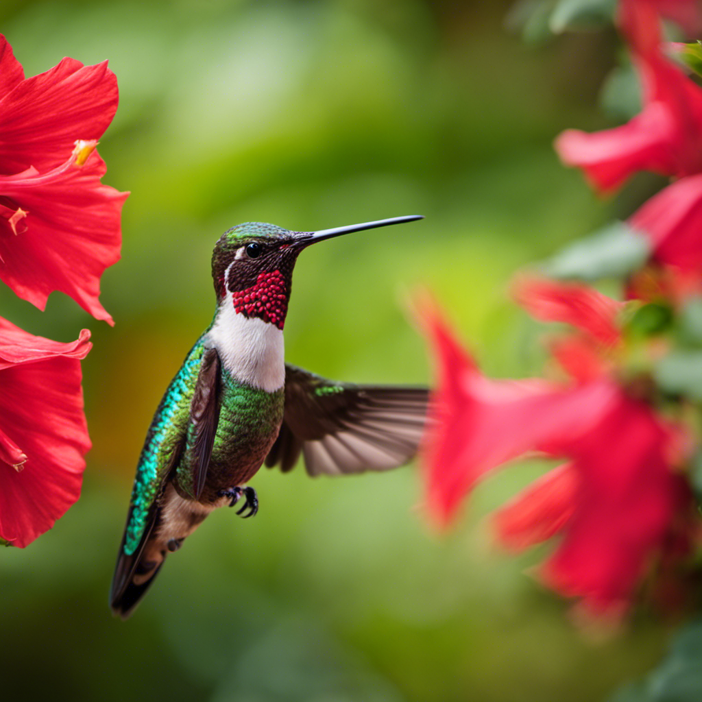 An image capturing the vibrant essence of Florida's hummingbirds: a brilliant male Ruby-throated Hummingbird with iridescent emerald feathers, delicately sipping nectar from a bright red hibiscus blossom against a lush backdrop of tropical foliage