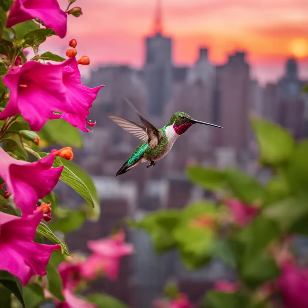 An image showcasing a vibrant, emerald-green Ruby-throated hummingbird perched delicately on a blooming pink trumpet vine, framed against a backdrop of iconic New York City skyline at sunset